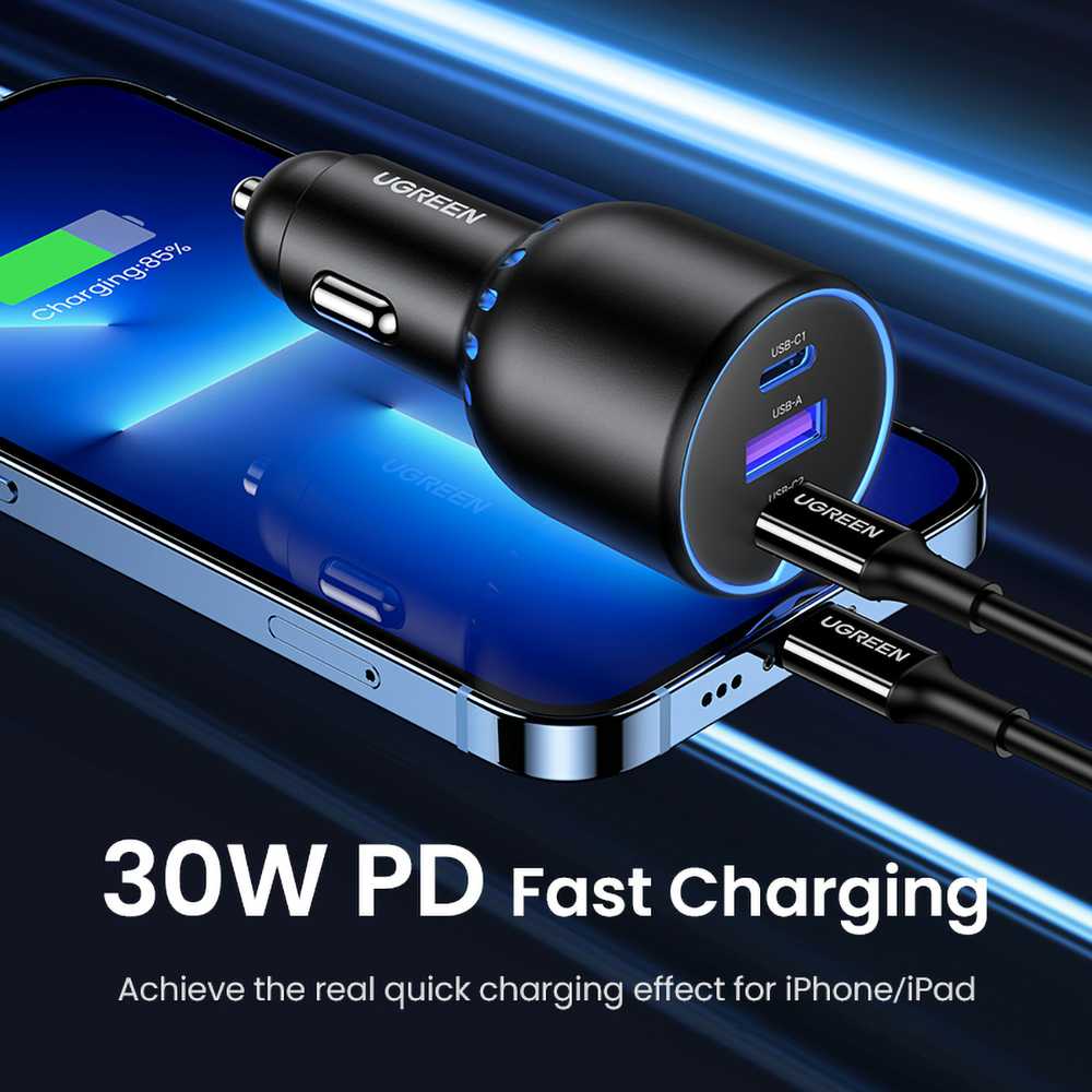 Atomobilnis įkroviklis UGREEN CD293, 2XUSB-C PD+ USB-A 130W juodos spalvos
