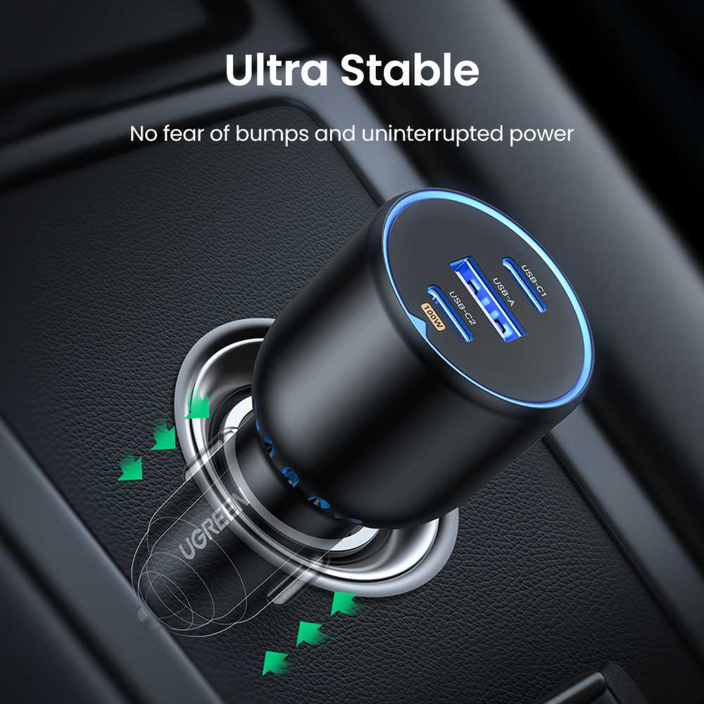Atomobilnis įkroviklis UGREEN CD293, 2XUSB-C PD+ USB-A 130W juodos spalvos