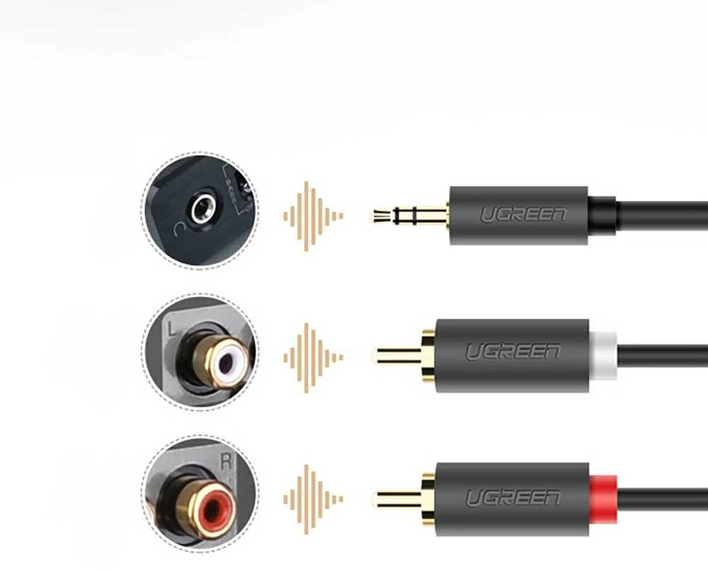 UGREEN AV102 2x RCA (Cinch) kištukai - 3.5mm lizdas kabelis 5m juodas