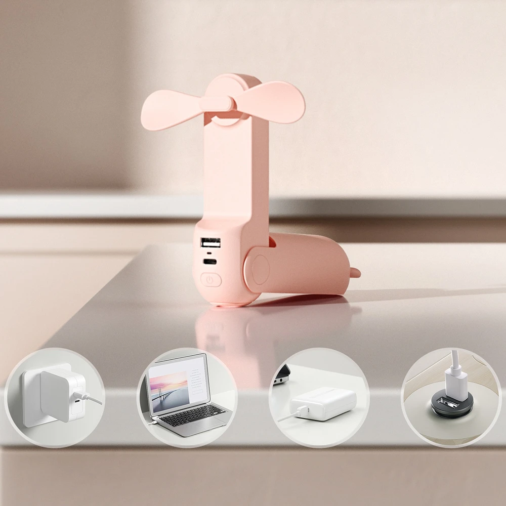 Jisulife rankinis ventiliatorius Life8 nešiojamas USB ventiliatorius su išorinės baterijos funkcija (2000mAh) ir žibintuvėliu - Rožinė