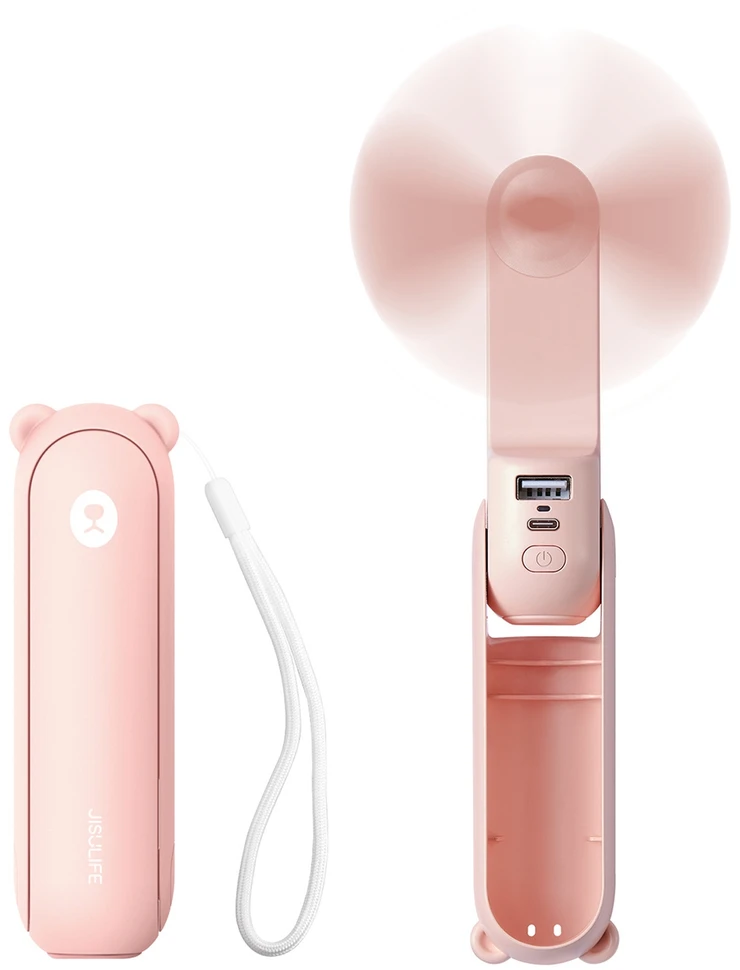 Jisulife rankinis ventiliatorius Life8 nešiojamas USB ventiliatorius su išorinės baterijos funkcija (2000mAh) ir žibintuvėliu - Rožinė