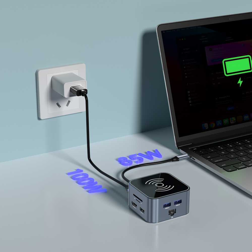 Hub USB-C 12 in 1 Wozinsky WHBC09Y8S multifunctional, with wireless charging function, aluminum, with 15 cm cable – pilkos spalvos