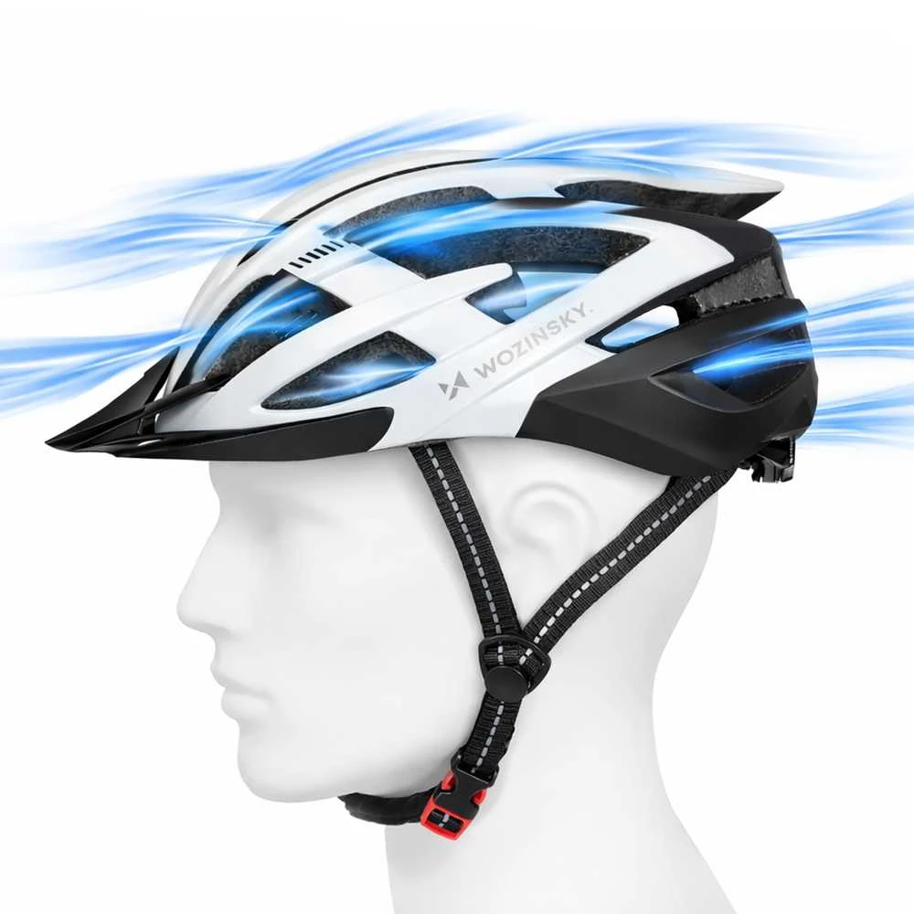 Dviratininko šalmas MTB Wozinsky su odpinanym daszkiem i tylną lampką USB 54-57 cm - juoda-balta