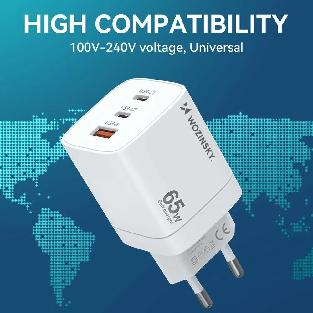 Wozinsky CGWCW 65W GaN sieninis įkroviklis USB-A / 2 x USB-C - Baltas