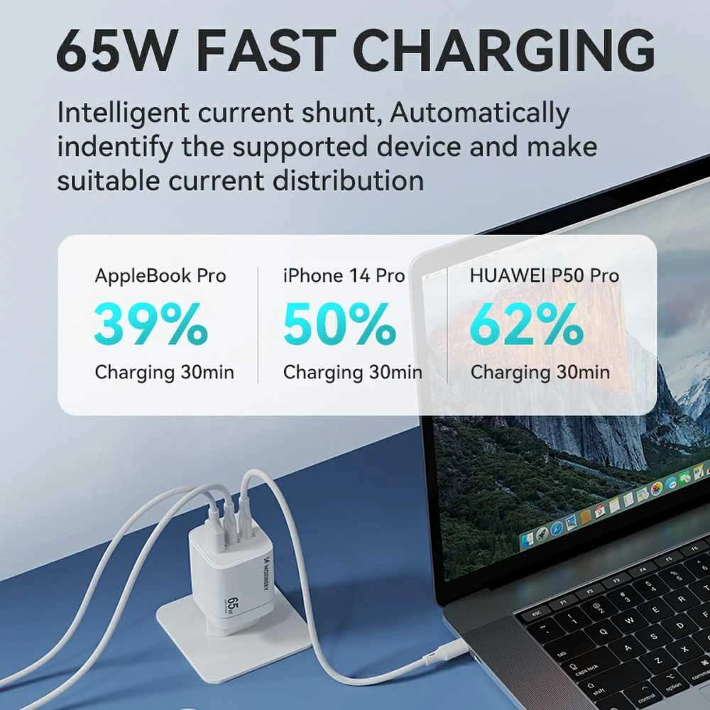 Wozinsky CGWCW 65W GaN sieninis įkroviklis USB-A / 2 x USB-C - Baltas