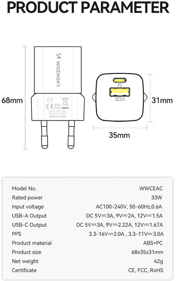 Wozinsky WWCEAC GaN USB-A USB-C 33W laidinis įkroviklis – baltos spalvos