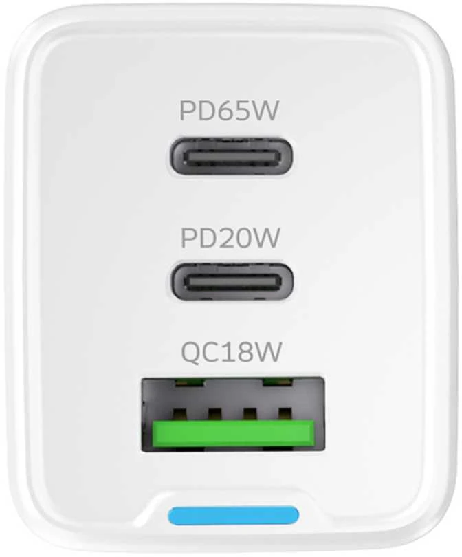 Wozinsky GaN 65W Charger su 2xUSB-C USB Ports su 65W CC kabelis – baltos spalvos