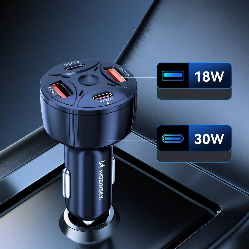 Wozinsky WLS-04 60W Car Charger 2xUSB-C 2xUSB-A - Juodas