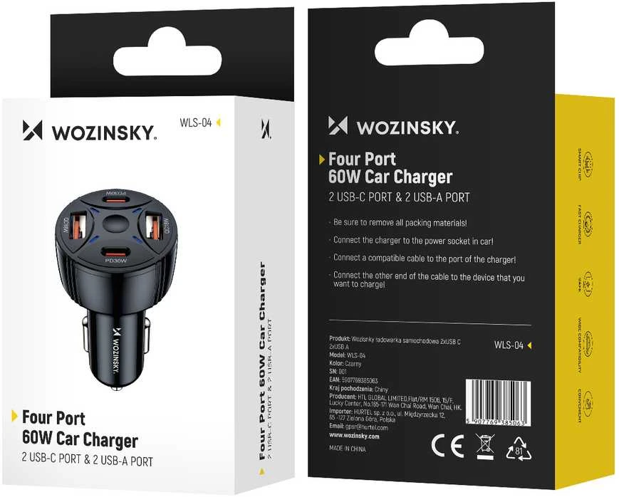 Wozinsky WLS-04 60W Car Charger 2xUSB-C 2xUSB-A - Juodas