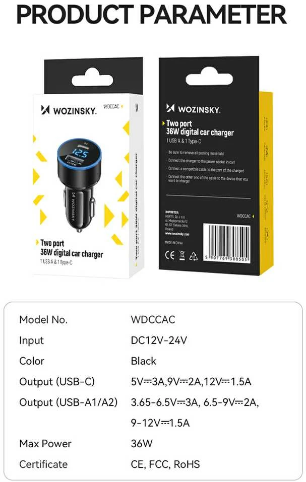 Įkroviklis automobilinis Wozinsky (WDCCAC) (1xUSB 1xUSB-C 3A) 36W juodas