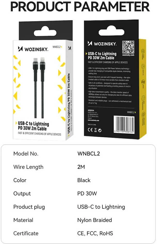 Wozinsky WNBCL2 Lightning / USB-C PD 30W laidas 2 m - juodas