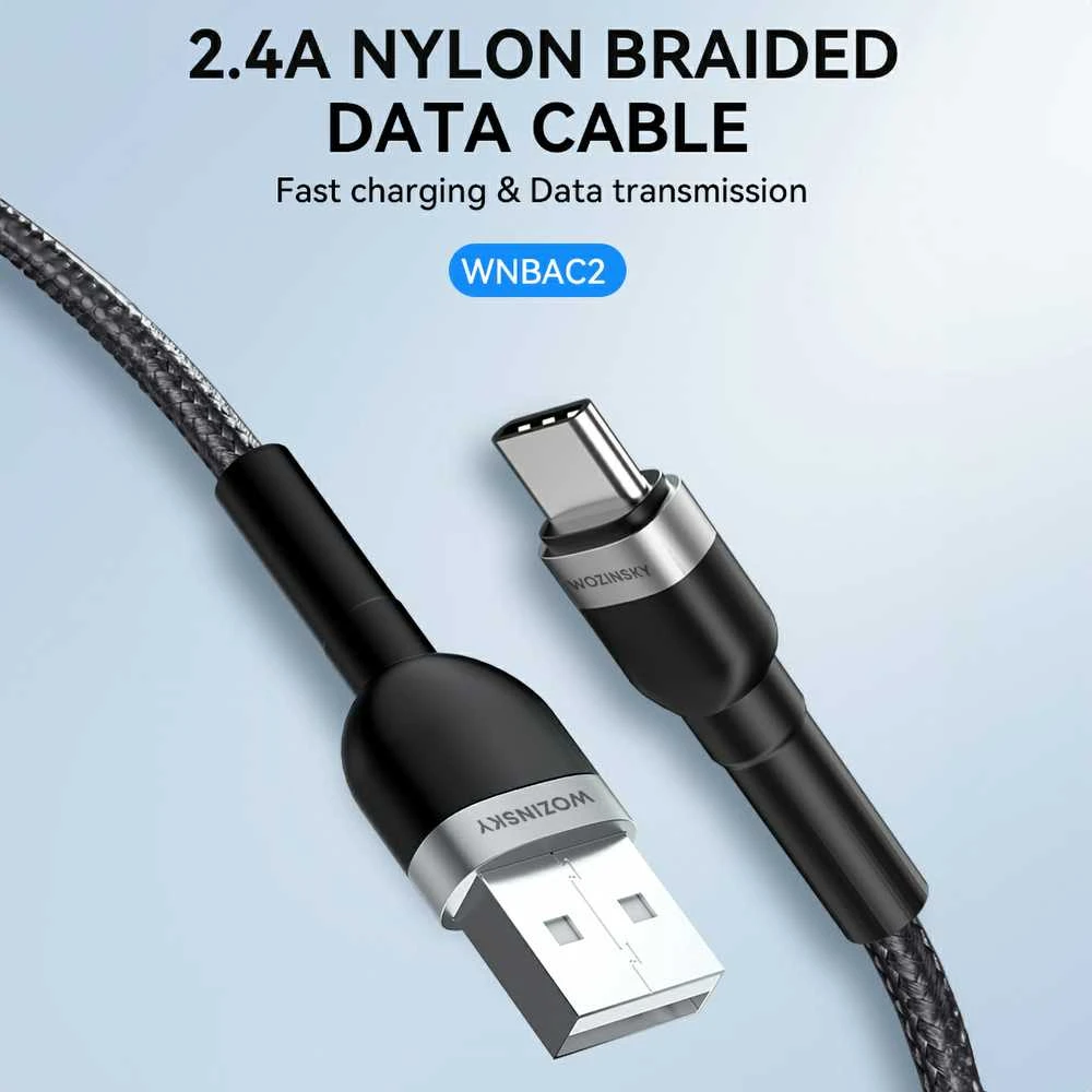 Wozinsky WNBAC2 USB-A / USB-C 2.4A kabelis 2 m – juodos spalvos