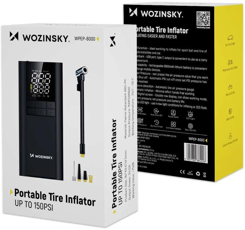 Wozinsky WPEP-8000 kompresorius, elektrinis siurblys, 8000 mAh išorinė baterija, žibintuvėlis - juodas