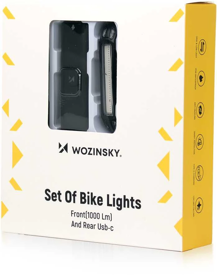 Wozinsky WSBLB3 priekinis (1000 lm) ir galinis USB-C dviračio žibintų komplektas – juodos spalvos