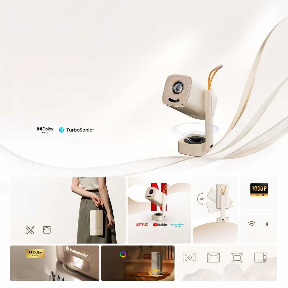 YABER T1 Pro, mini WiFi Projektorius su sukiojamu stovu, Full HD 1080P, 220 ANSI lumens, Creme