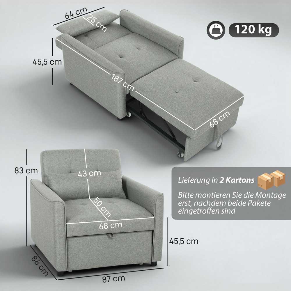 3 viename fotelis-lova, pilkas, su reguliuojamu atlošu
