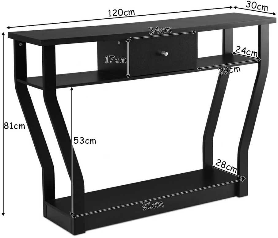 Bonideco konsolinis stalas juodas prieškambario stalas su stalčiumi ir lentyna 120 x 30 x 81 cm juodas