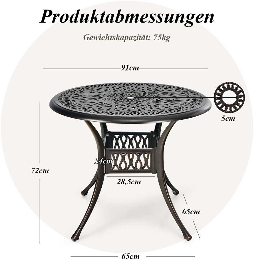 Bonideco Select Sodo stalas su skyle skėčiui 90 cm apvalus balkono stalas iš lietaus aliuminio Orui atsparus lauko stalas sodui 90 x 90 x 72 cm
