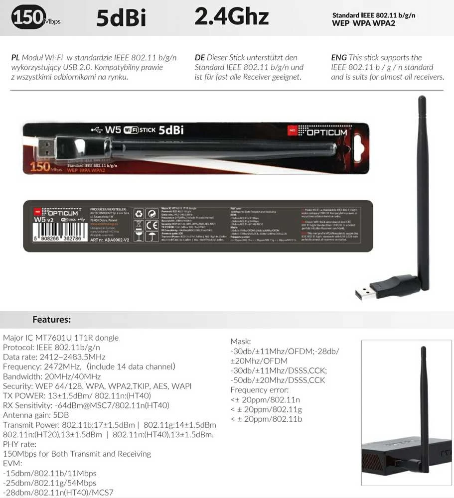 Adapteris WiFi Opticum Raudonas W5+ 5dBi