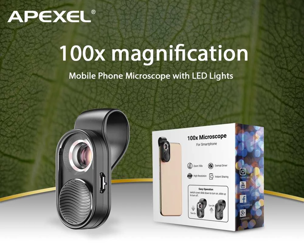 Apexel Skaitmeninis mikroskopinis telefono objektyvas 100x LED