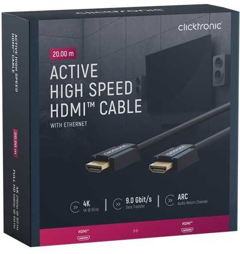 Clicktronic HDMI 2.0 High Speed su Ethernet kabeliu, aktyvus, 20 m, juodas