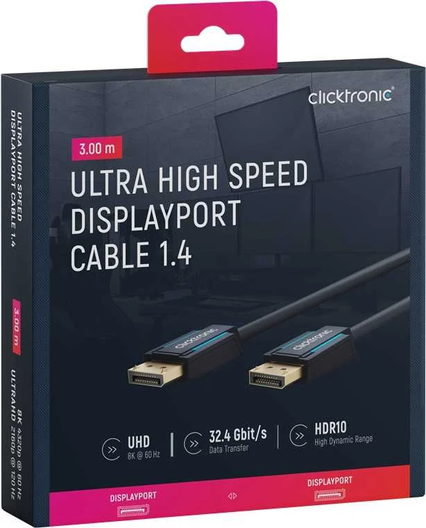 Clicktronic DisplayPort 1.4 laidas, 3 m, juodas