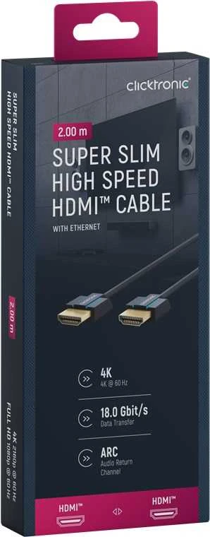 Clicktronic Ultra-Slim HDMI 2.0 didelės spartos kabelis su eterneto kabeliu, 2 m, must