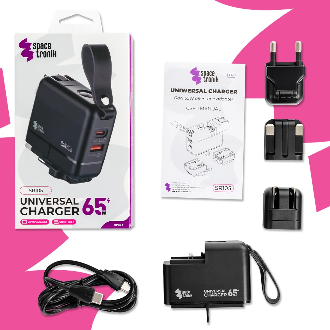 „Spacetronik SR105 4-in-1 GaN 65W“ USB kelioninis adapteris aprašymas - Prekės nuotrauka