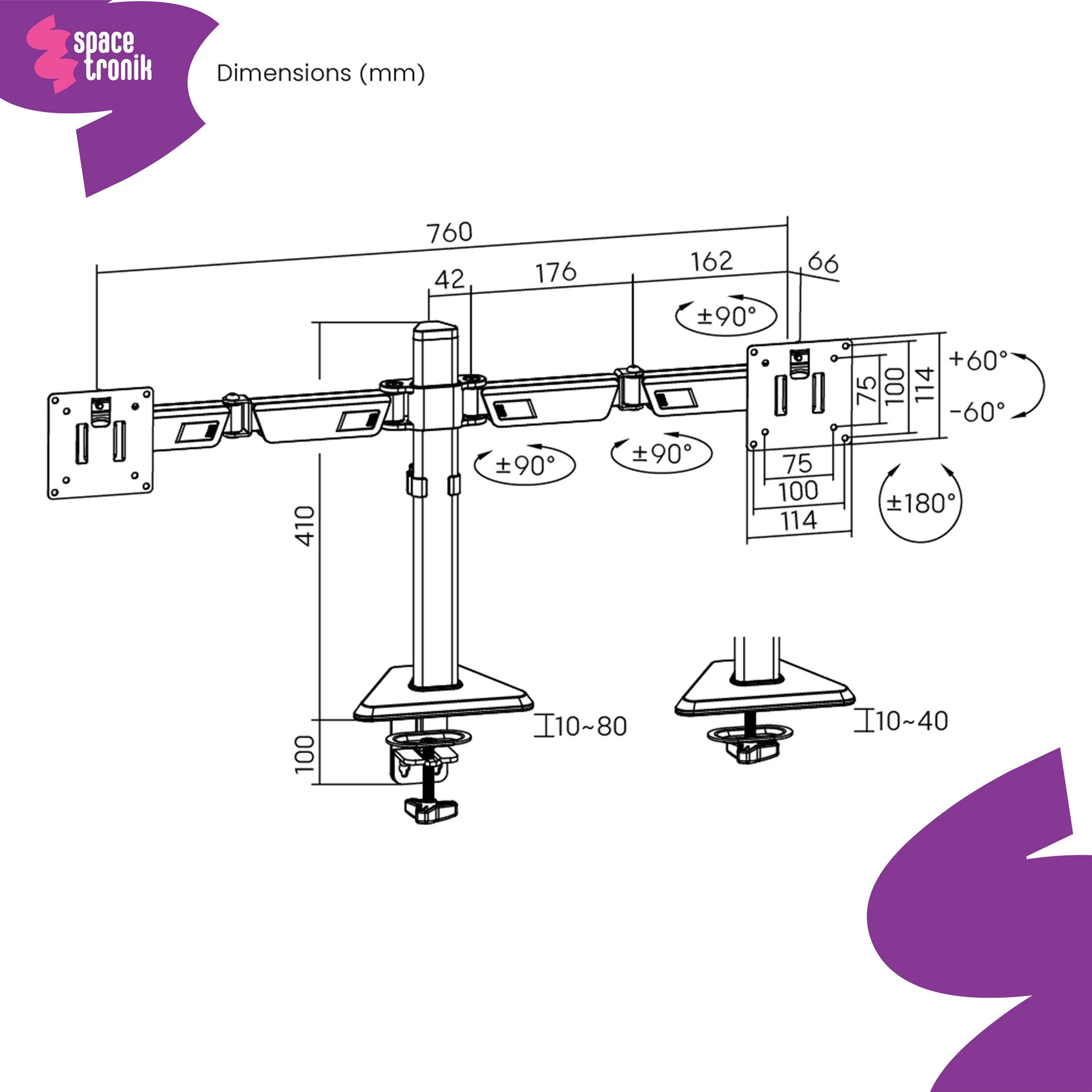 Spacetronik Amethyst laikiklis dviem monitoriams Spacetro SPAA120 10 aprašymas - Prekės nuotrauka