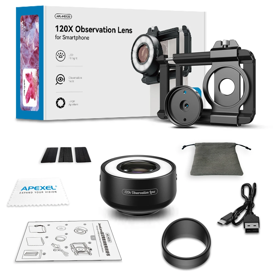 „Apexel MS120 120x“ LED papuošalų makro objektyvas aprašymas - Prekės nuotrauka