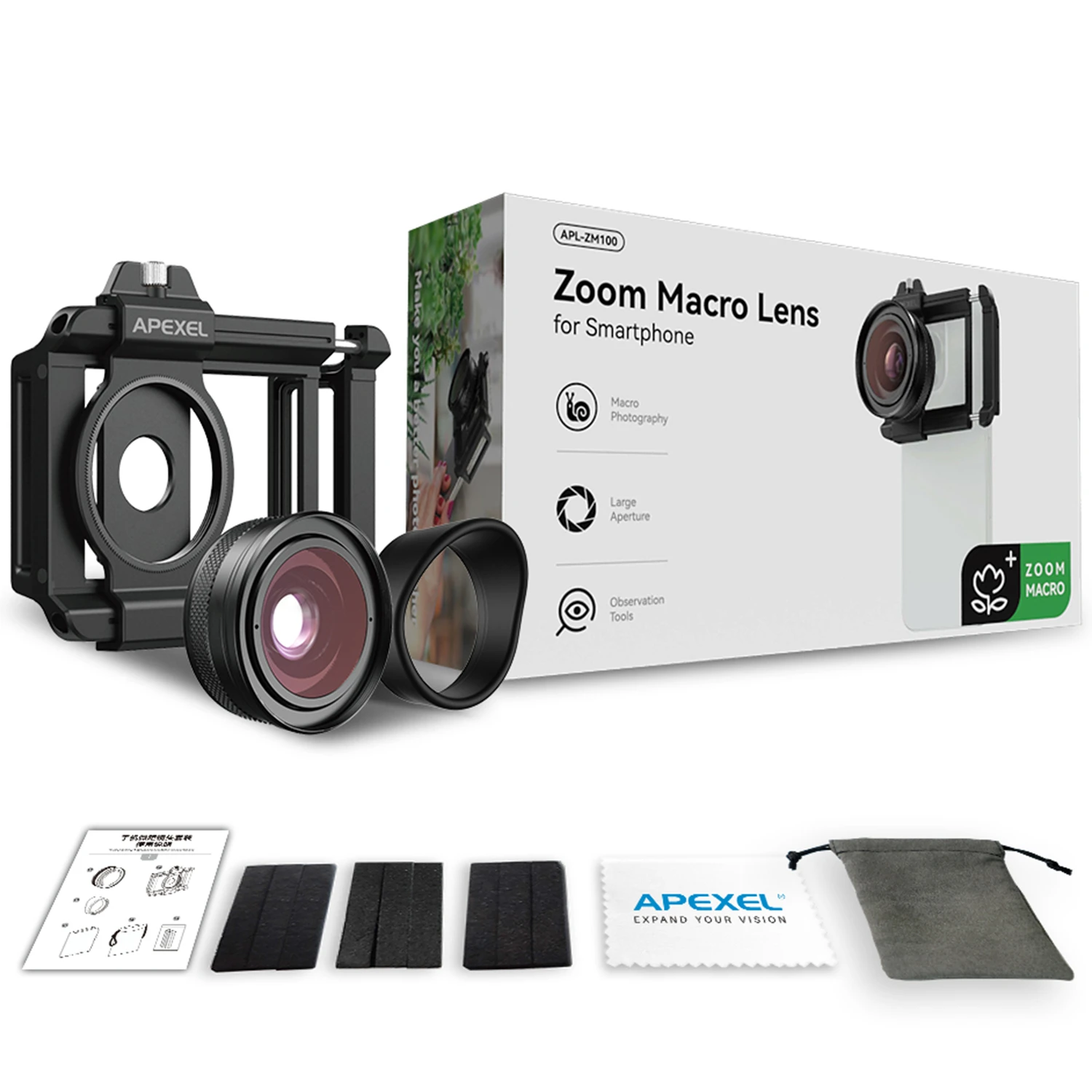 Apexel ZoomMacro 10-20X makro objektyvas išmaniesiems telefonams aprašymas - Prekės nuotrauka