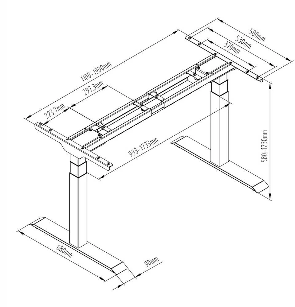 Spacetronik SPE-223B stalo rėmo matmenų brėžinys