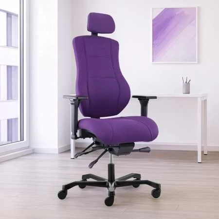 Violetinė ergonominė biuro kėdė su galvos atrama