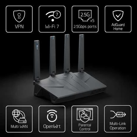 Belaidis maršrutizatorius - GL.iNet GL-BE6500 Wi‑Fi 7 maršrutizatorius 6 500 Mb/s 5×2,5G Ethernet USB 3.0