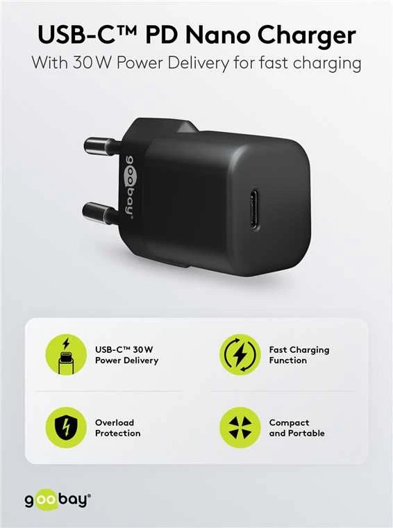 Įkroviklis jungiama į tinklą USB-C PD GaN 30W Goobay Juoda