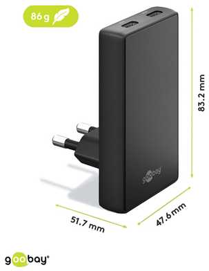 Goobay įkroviklis dvigubas USB-C PD GaN greitas įkroviklis 90 plokščias (65W) juodas