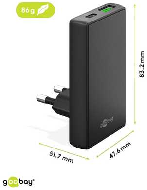 Goobay įkroviklis dvigubas USB-C PD GaN greitas įkroviklis 90 plokščias (65W) juodas