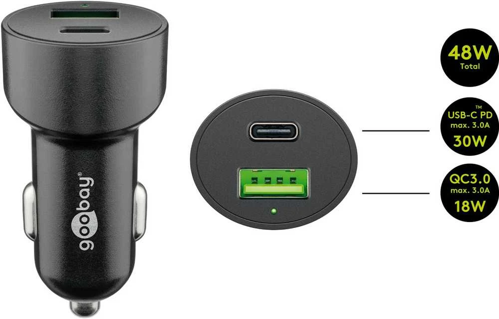 Įkroviklis automobilinis USB USB-C PD QC 48W Goobay