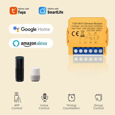 Schneider Electric Avatto Išmanusis Wi-Fi jungiklis su dimeriu TRIAC, veikia su įprastu jungikliu, 230V 150W, TUYA / Smart Life