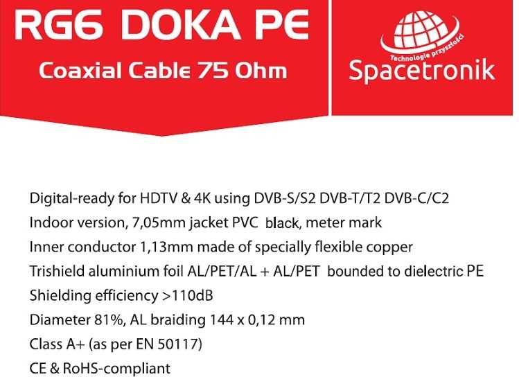 Kabelis RG6 Spacetronik DOKA 4K CU PE Trishield 1mb