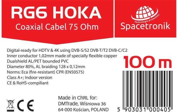 Kabelis RG6 Spacetronik HOKA 102 CU Dualshield 100m
