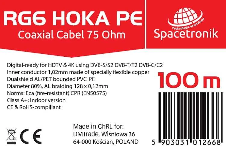 Kabelis RG6 Spacetronik HOKA PE 102 CU Dualsh. 100 m