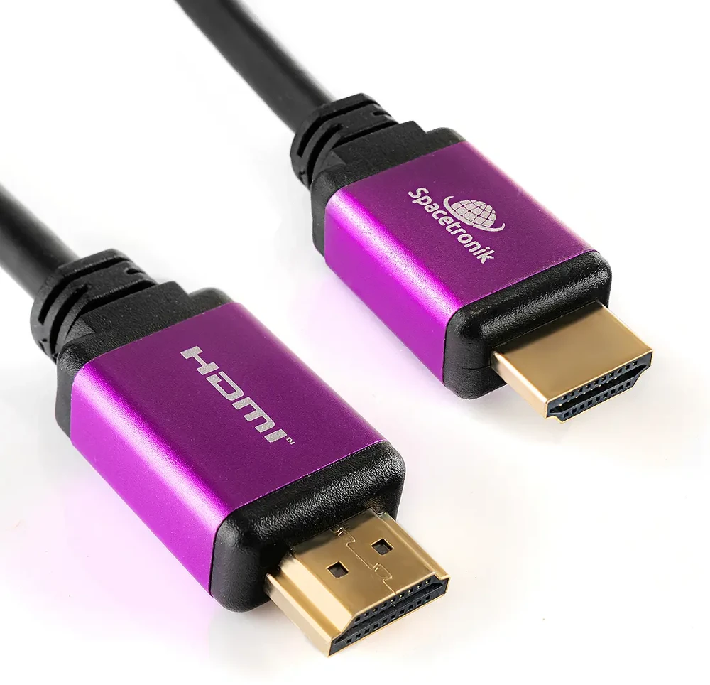 Spacetronik HDMI 2.1 laidas su violetiniais metaliniais antgaliais