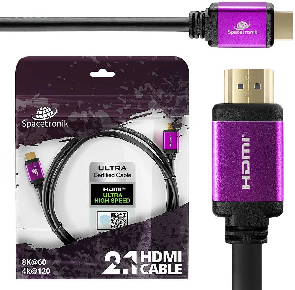 Spacetronik 8K HDMI 2.1 laidas su violetinėmis jungtimis