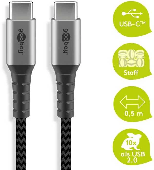Goobay | Tekstilinis USB-C į USB-C laidas su metaliniais kištukais | 49302 | USB-C į USB-C USB-C kištukas | USB-C vyr