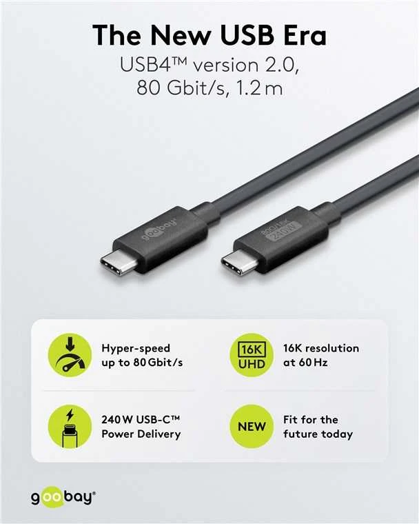 Goobay USB C – USB4 2.0 PD laidas – juodas – 1.2 m