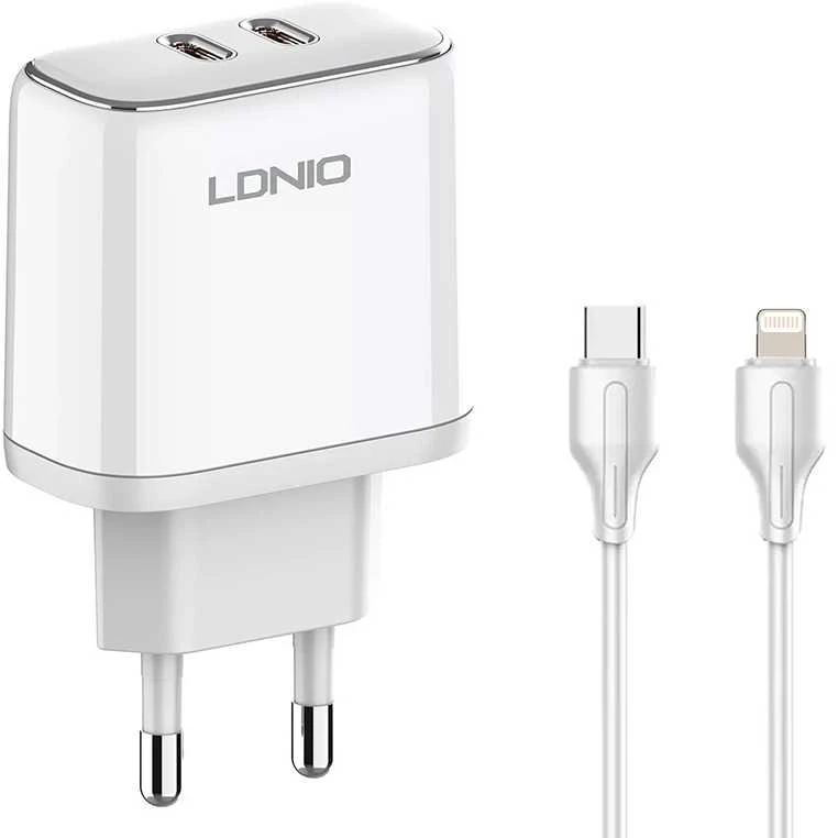 MFi sieninis įkroviklis LDNIO A2528M, 2xUSB-C, USB-C iki Lightning 35W