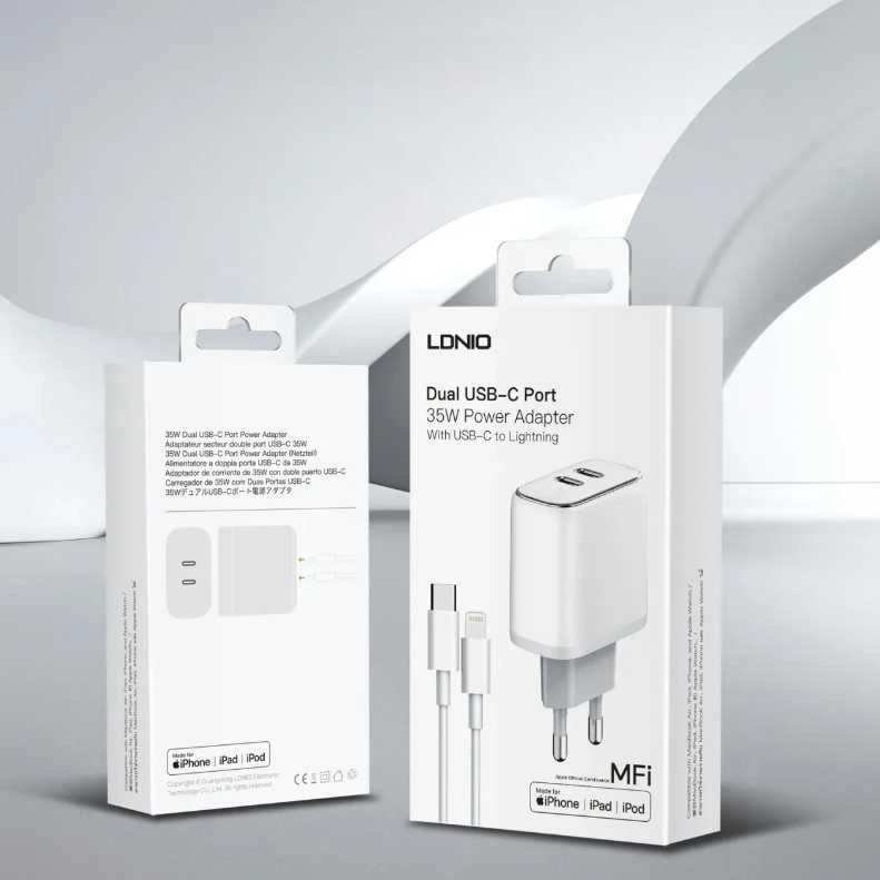 MFi sieninis įkroviklis LDNIO A2528M, 2xUSB-C, USB-C iki Lightning 35W