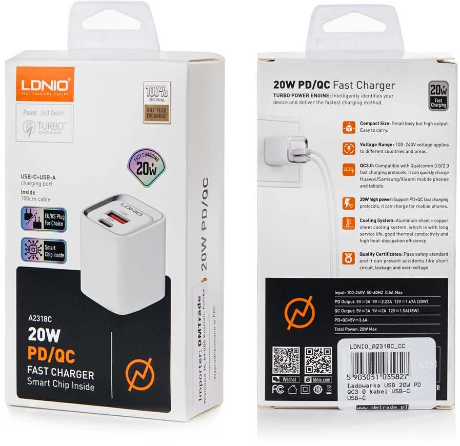 LDNIO 20W PD/QC įkroviklio pakuotė