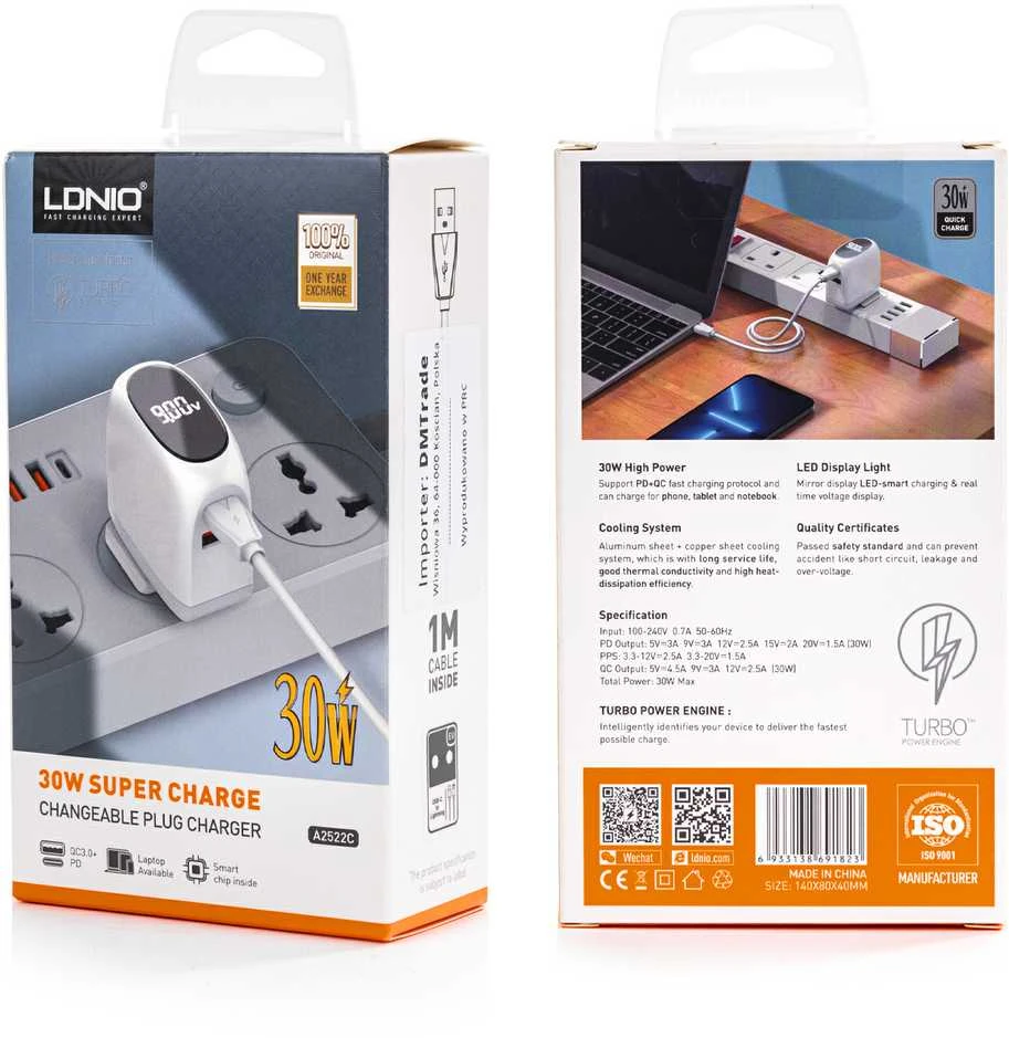 Ldnio USB įkroviklis 30 W LED skydelis USB-C laidas USB-C